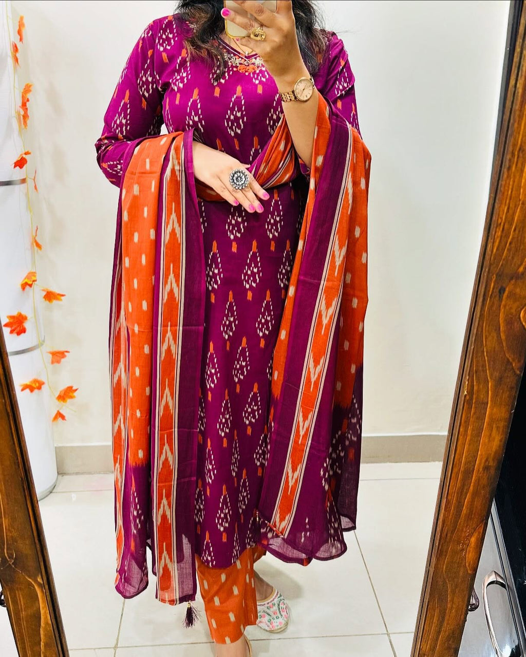 Purple Ikat Print Pure Cotton Kurta Set with Dupatta