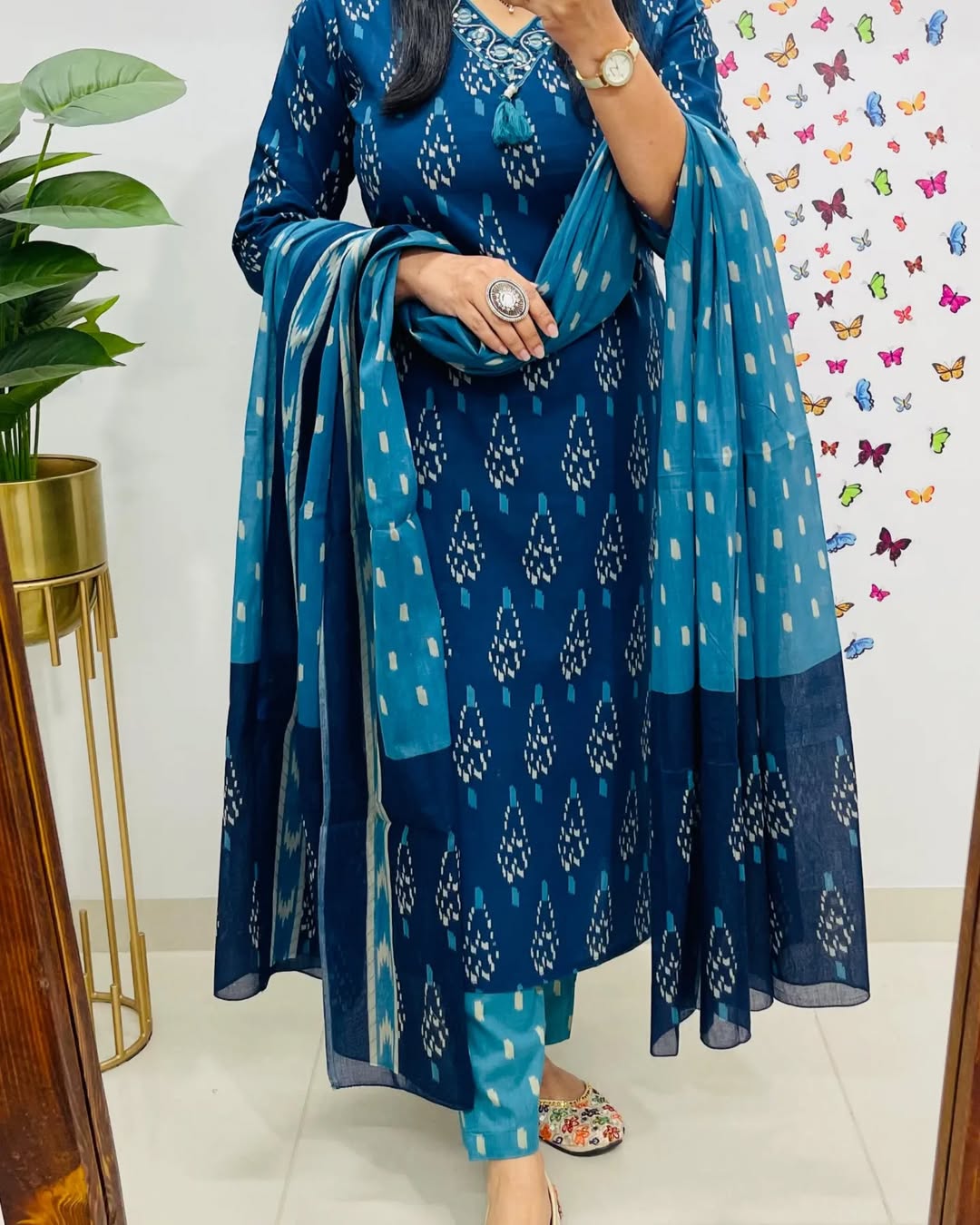 Blue Printed Cotton Kurta Set with Dupatta For Women