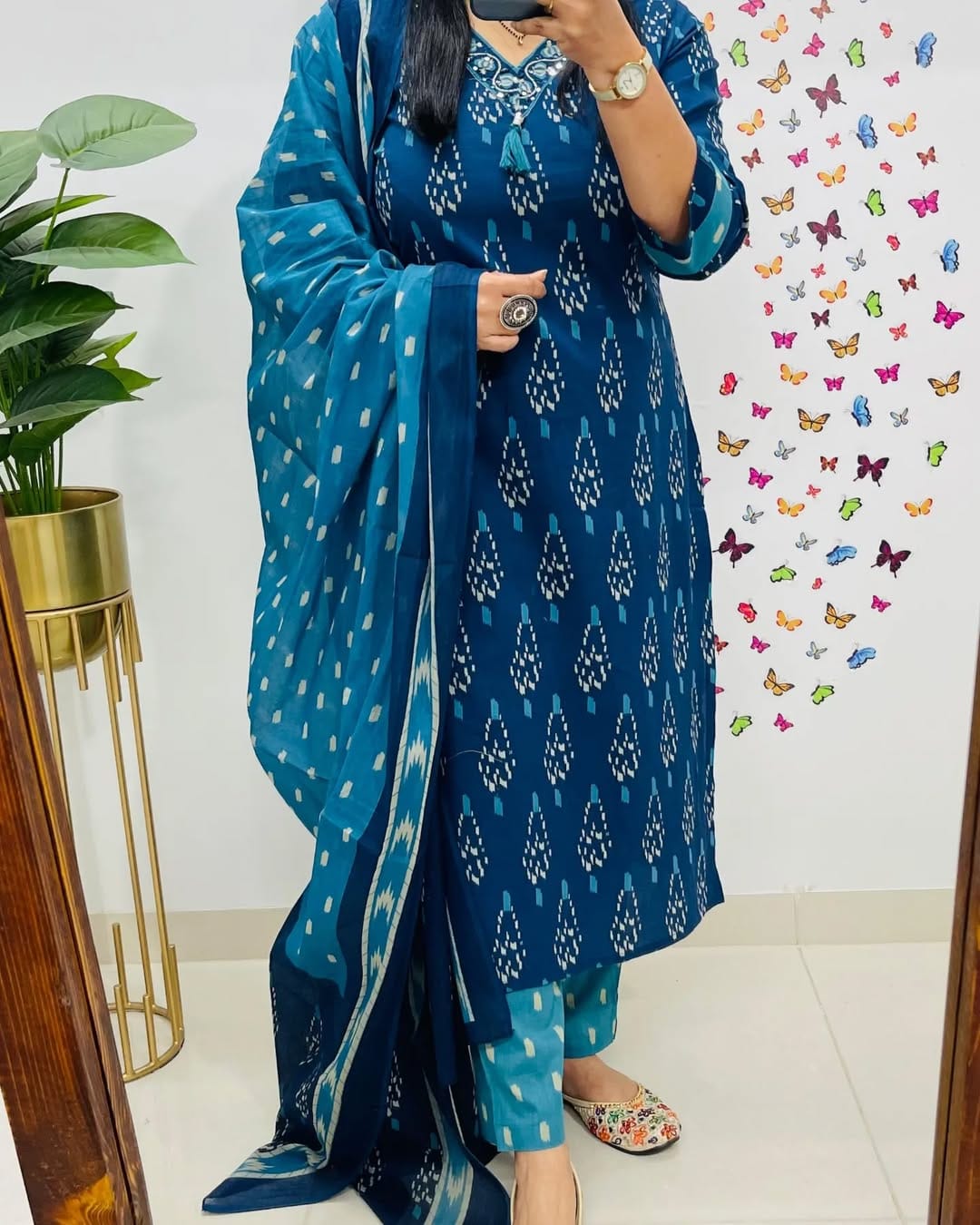 Blue Printed Cotton Kurta Set with Dupatta For Women