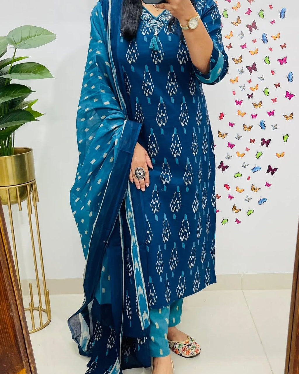 Blue Printed Cotton Kurta Set with Dupatta For Women