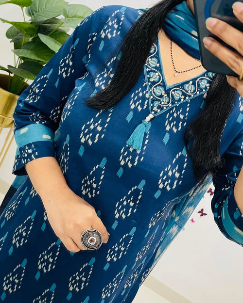 Blue Printed Cotton Kurta Set with Dupatta For Women