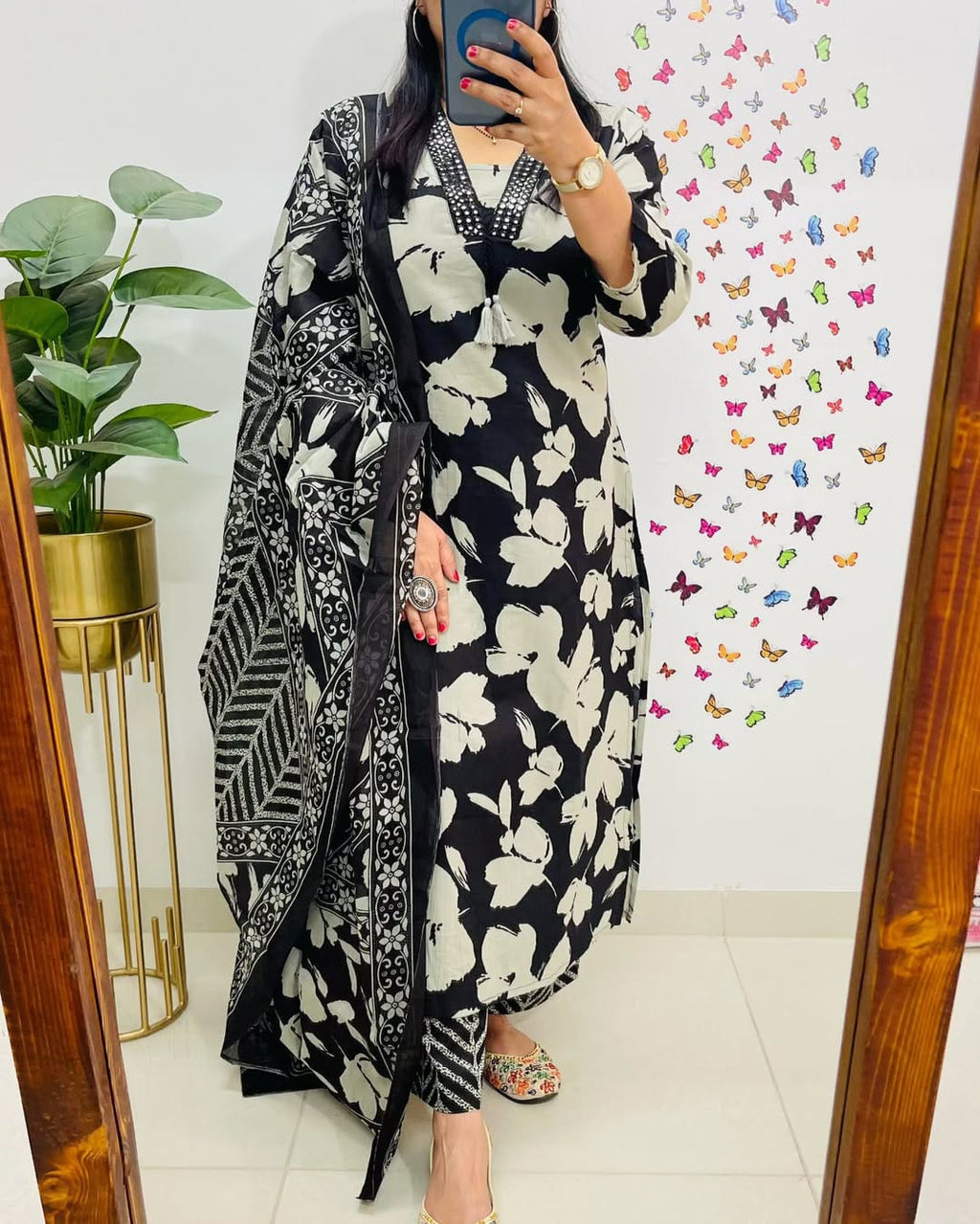 Black & White Floral Printed Cotton Kurta Set with Dupatta For Women