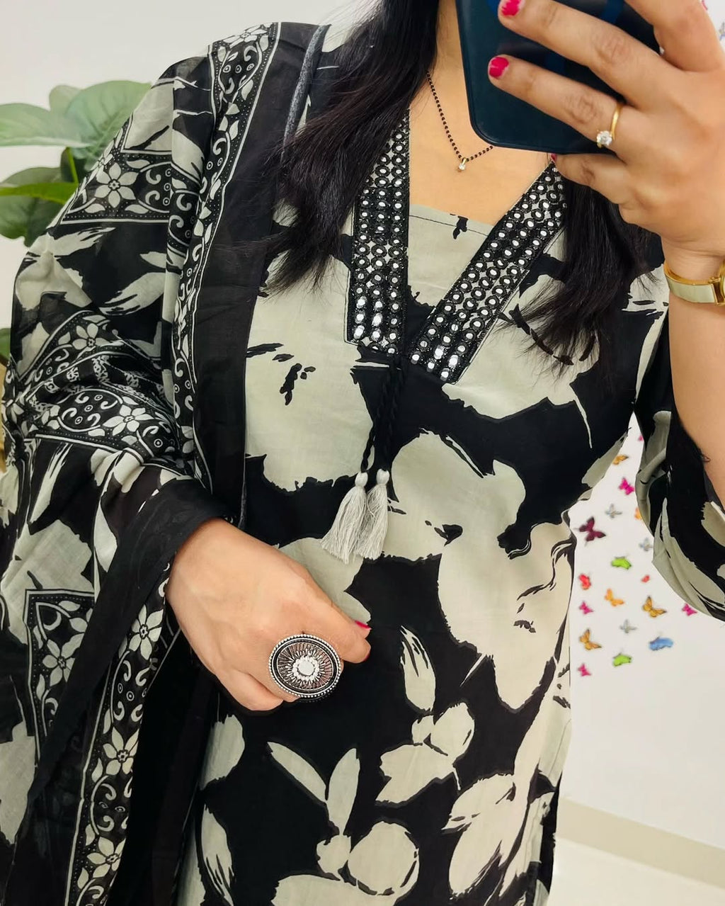Black & White Floral Printed Cotton Kurta Set with Dupatta For Women