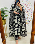 Black & White Floral Printed Cotton Kurta Set with Dupatta For Women