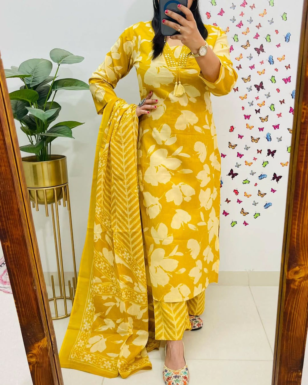 Mustard Yellow Floral Printed Kurta Set with Dupatta for Women