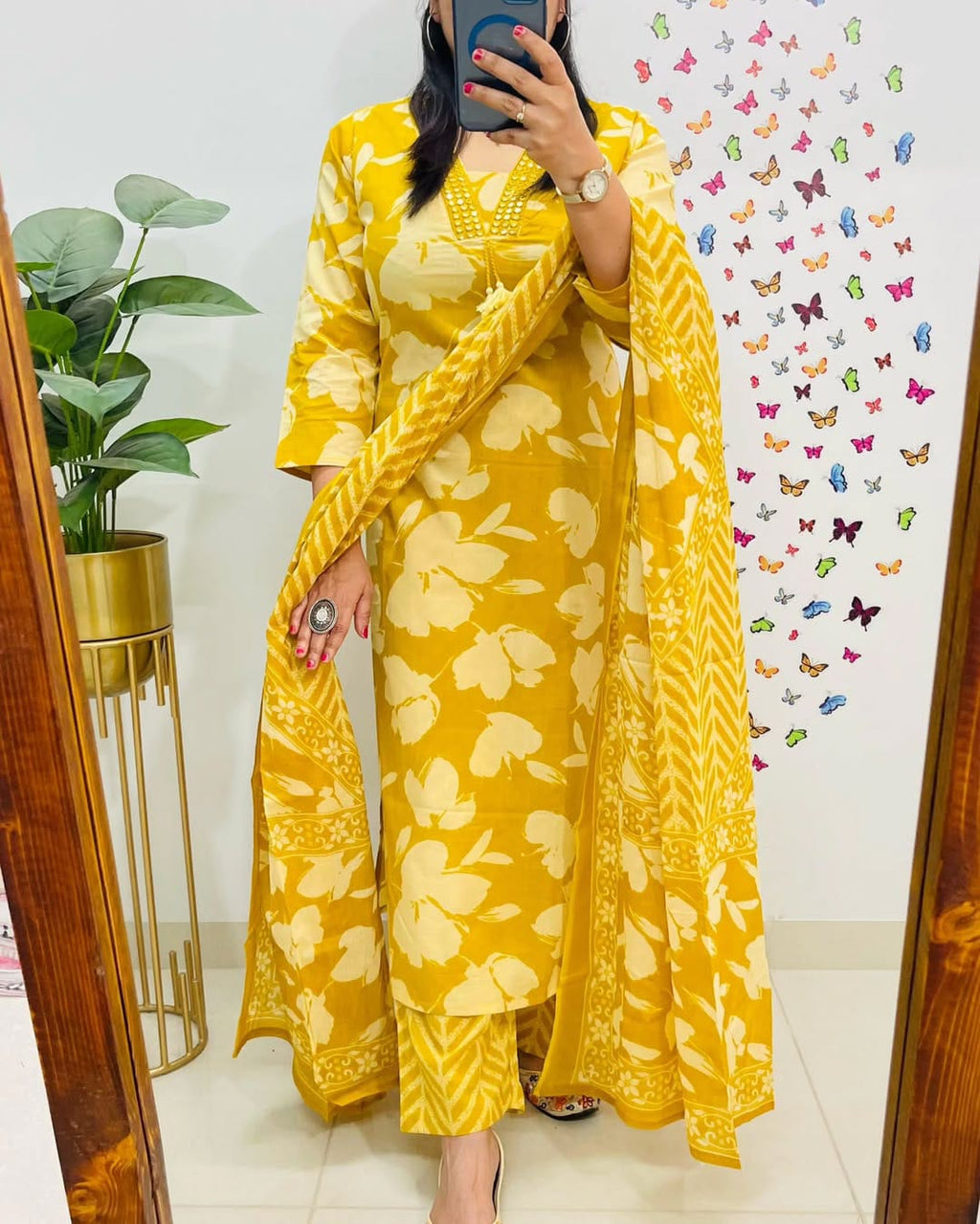 Mustard Yellow Floral Printed Kurta Set with Dupatta for Women