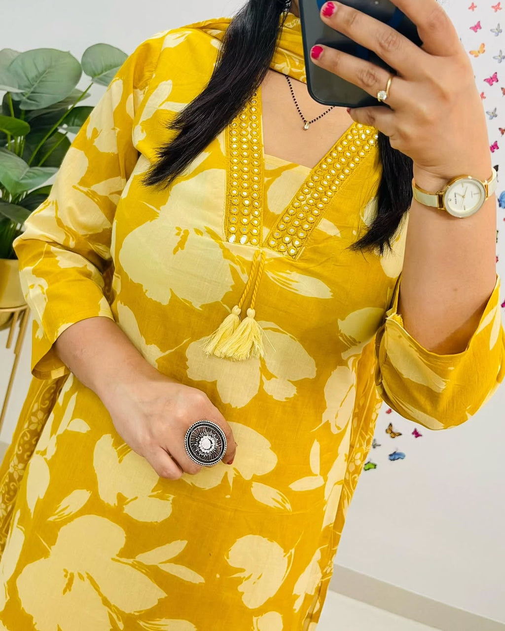 Mustard Yellow Floral Printed Kurta Set with Dupatta for Women