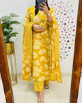 Mustard Yellow Floral Printed Kurta Set with Dupatta for Women