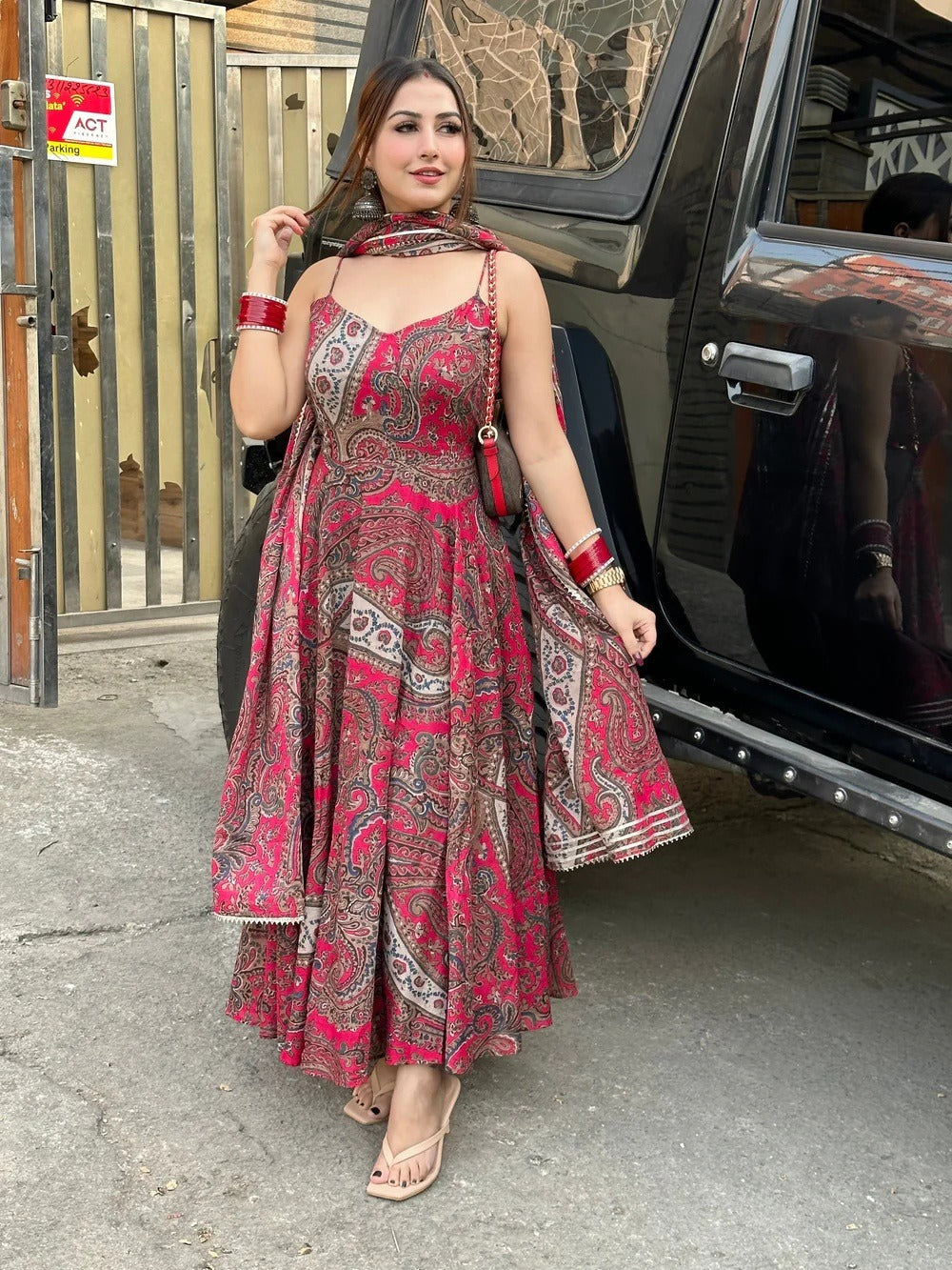 Red Printed Festive Pure Cotton Anarkali Kurta with Dupatta