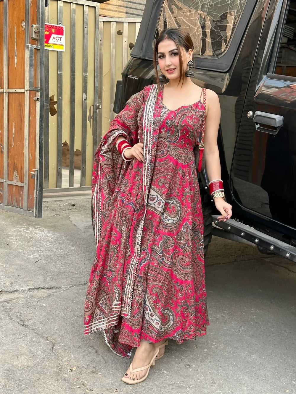 Red Printed Festive Pure Cotton Anarkali Kurta with Dupatta