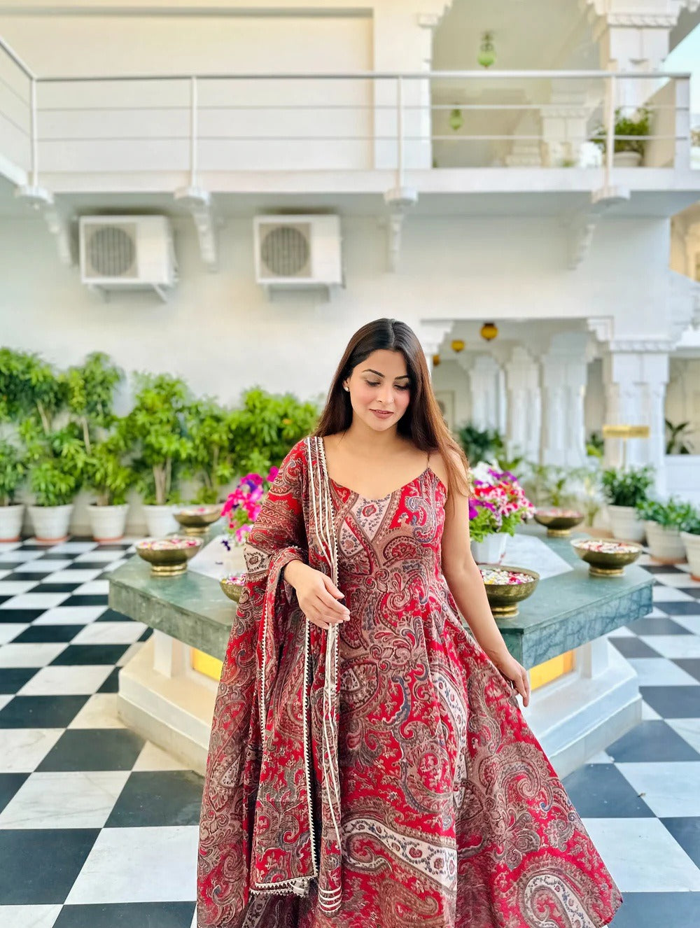 Red Printed Festive Pure Cotton Anarkali Kurta with Dupatta
