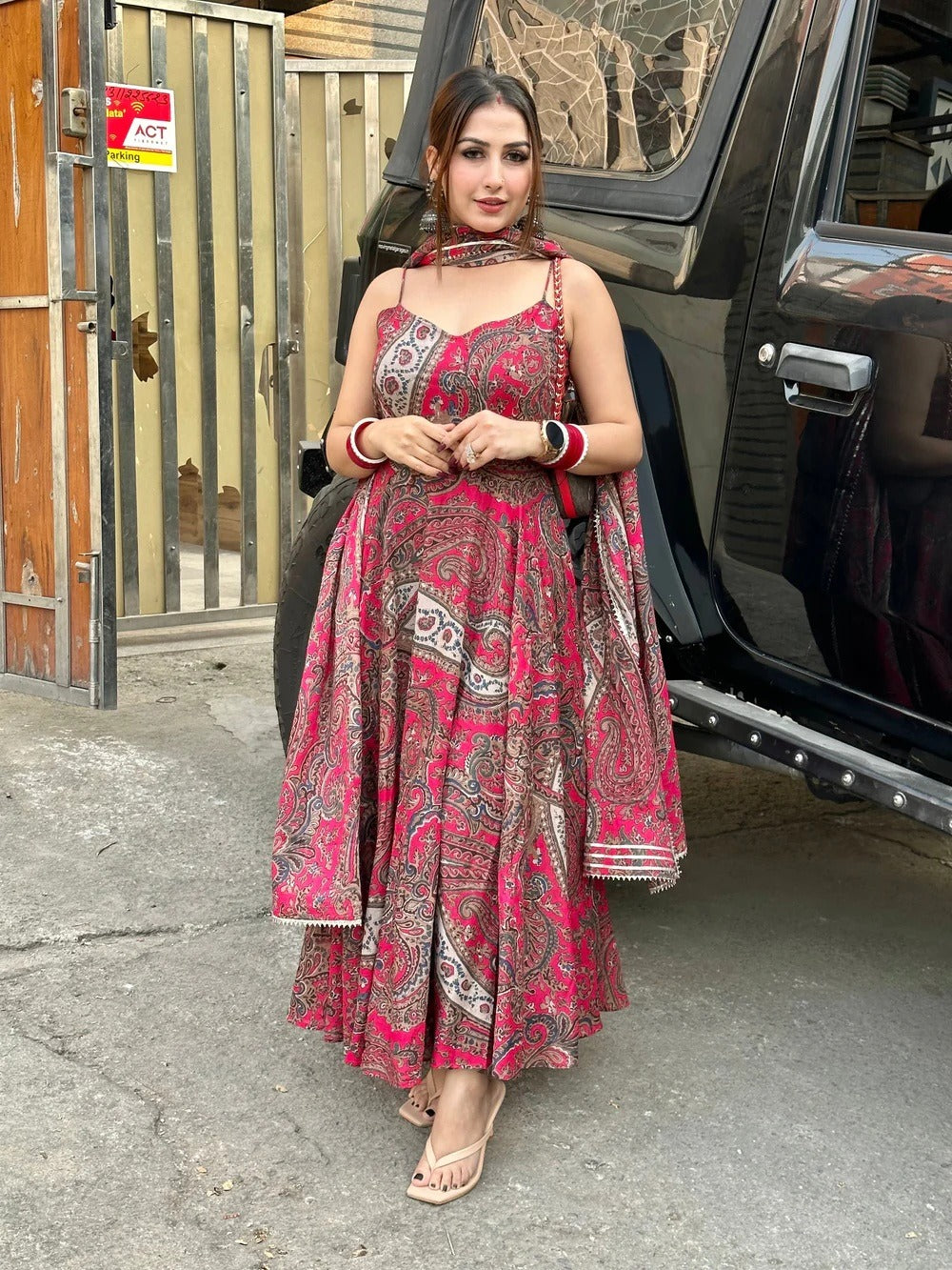 Red Printed Festive Pure Cotton Anarkali Kurta with Dupatta