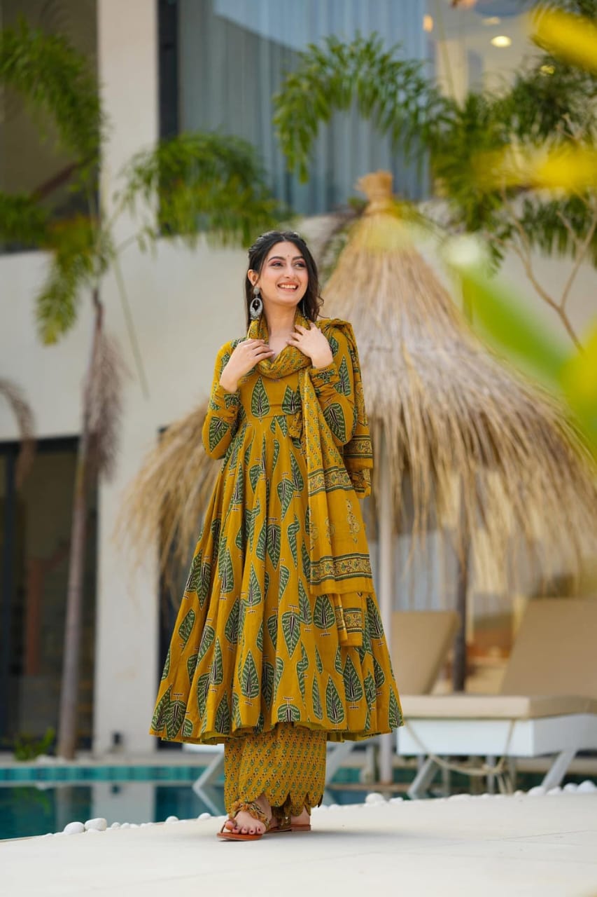 Mustard Yellow Printed Cotton Anarkali Kurta Set with Dupatta For Women