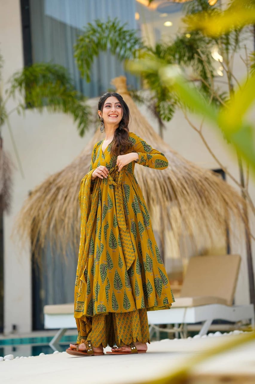 Mustard Yellow Printed Cotton Anarkali Kurta Set with Dupatta For Women