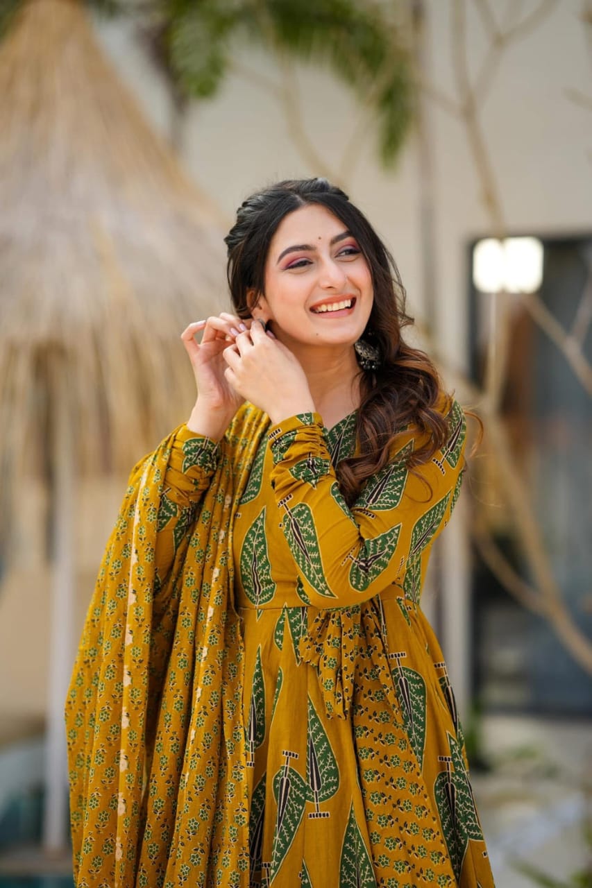 Mustard Yellow Printed Cotton Anarkali Kurta Set with Dupatta For Women
