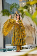Mustard Yellow Printed Cotton Anarkali Kurta Set with Dupatta For Women