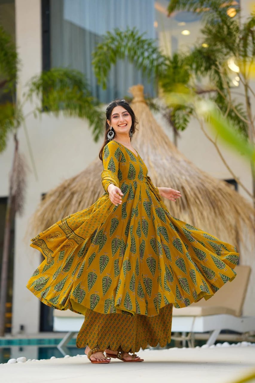 Mustard Yellow Printed Cotton Anarkali Kurta Set with Dupatta For Women