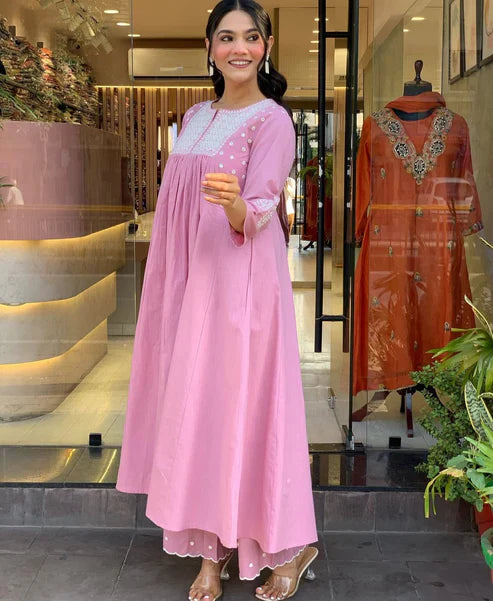 Blush Pink Embroidered Cotton Anarkali Kurta Set for Women