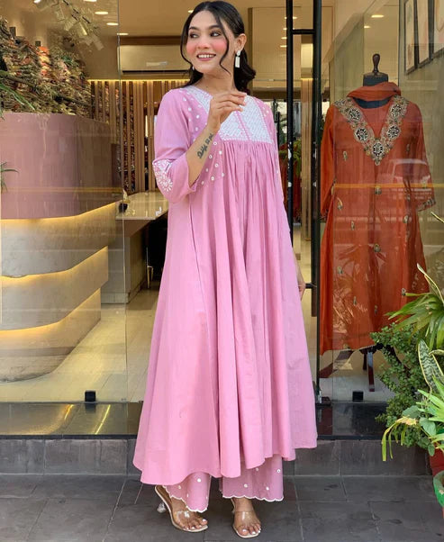 Blush Pink Embroidered Cotton Anarkali Kurta Set for Women