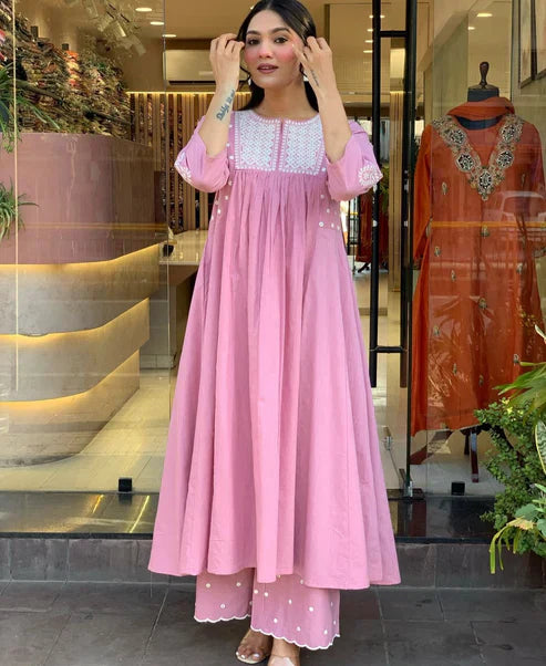 Blush Pink Embroidered Cotton Anarkali Kurta Set for Women