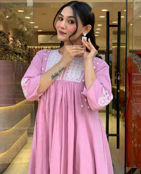 Blush Pink Embroidered Cotton Anarkali Kurta Set for Women