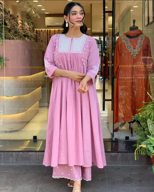 Blush Pink Embroidered Cotton Anarkali Kurta Set for Women