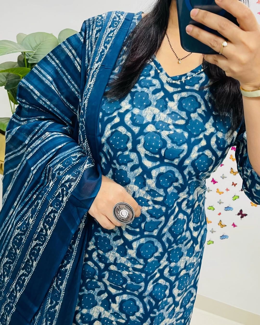 Indigo Blue Floral Printed Cotton Kurta Set with Dupatta