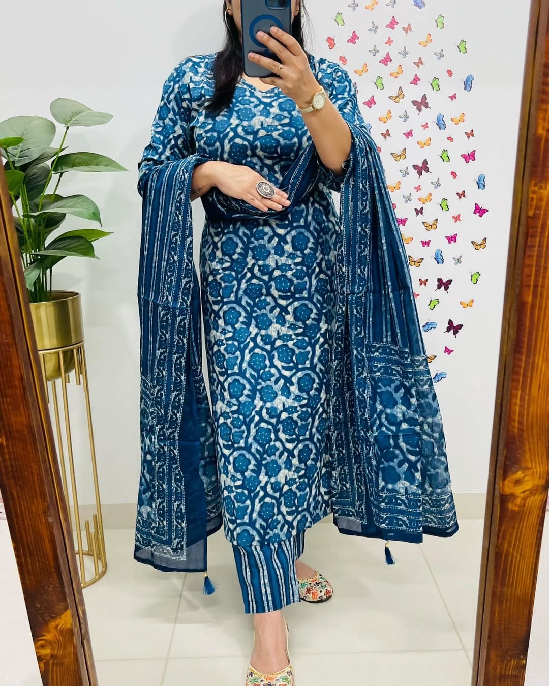 Indigo Blue Floral Printed Cotton Kurta Set with Dupatta
