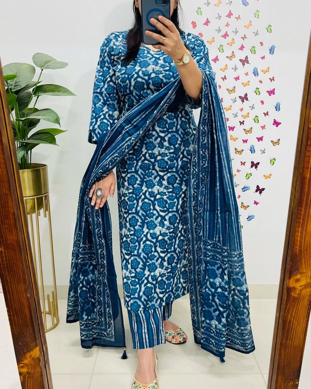 Indigo Blue Floral Printed Cotton Kurta Set with Dupatta