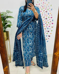 Indigo Blue Floral Printed Cotton Kurta Set with Dupatta