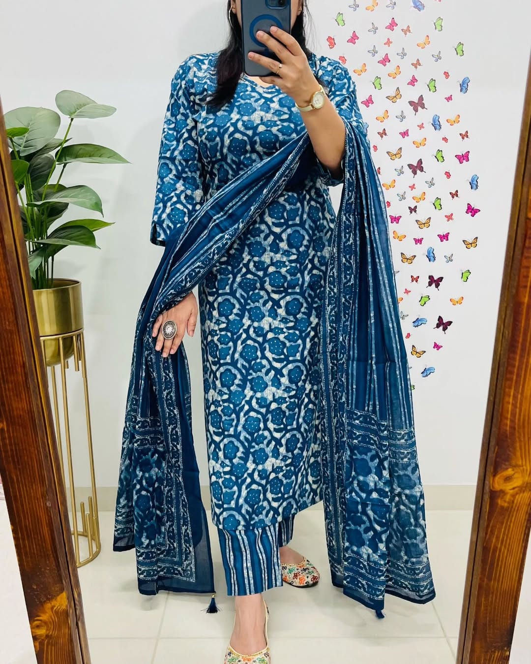Indigo Blue Floral Printed Cotton Kurta Set with Dupatta
