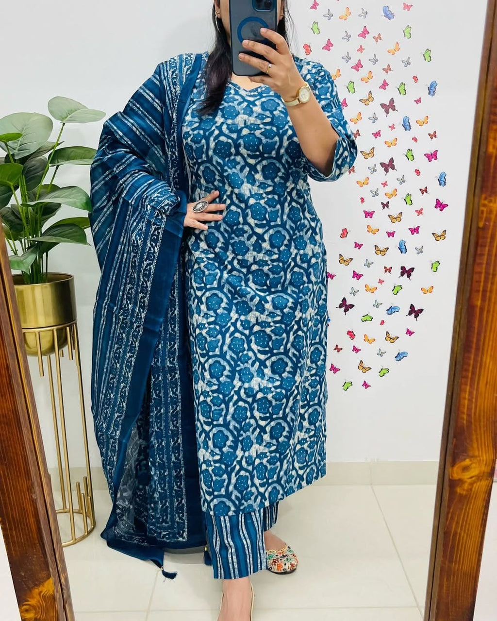 Indigo Blue Floral Printed Cotton Kurta Set with Dupatta