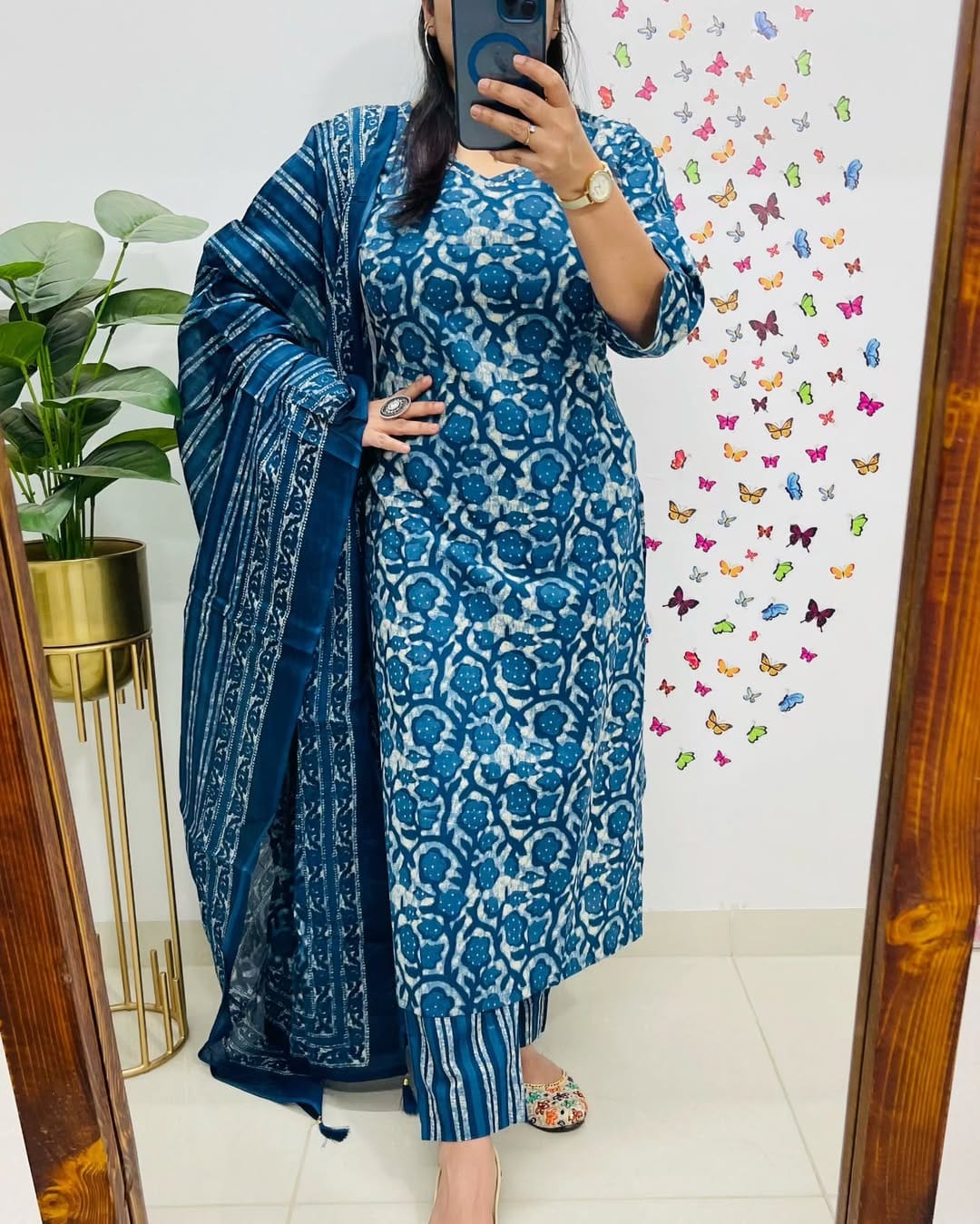 Indigo Blue Floral Printed Cotton Kurta Set with Dupatta