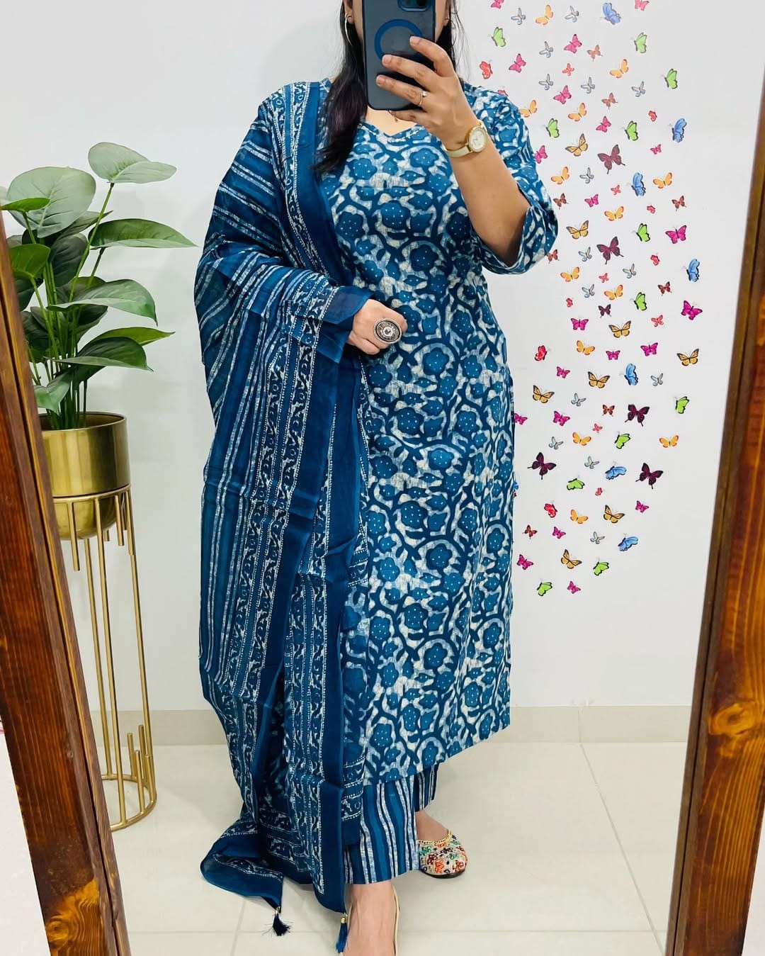Indigo Blue Floral Printed Cotton Kurta Set with Dupatta