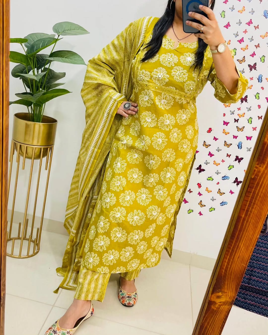 Yellow Floral Printed Cotton Kurta Set with Dupatta