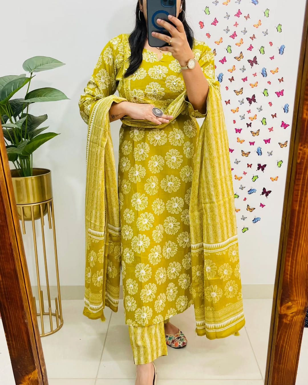 Yellow Floral Printed Cotton Kurta Set with Dupatta
