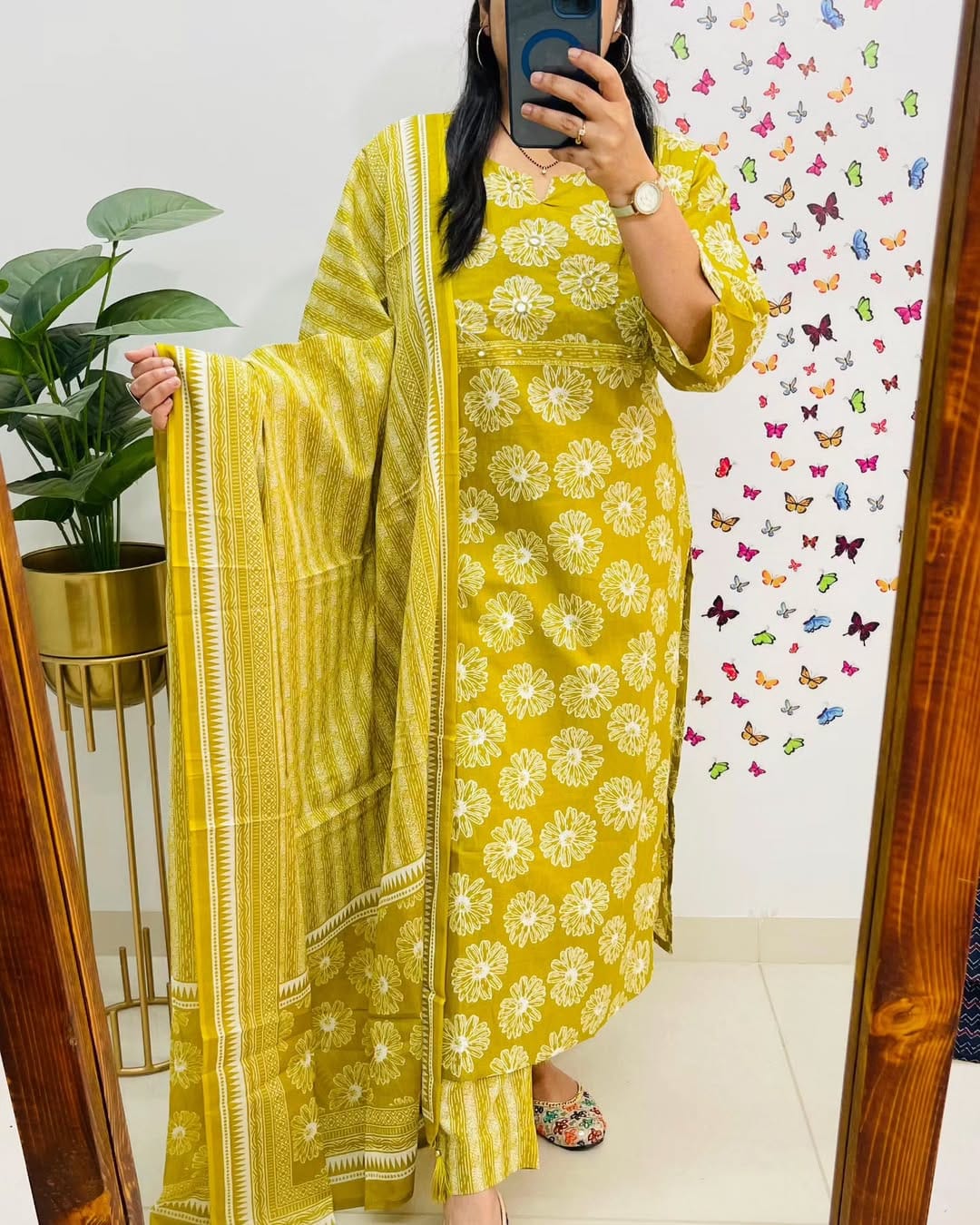 Yellow Floral Printed Cotton Kurta Set with Dupatta