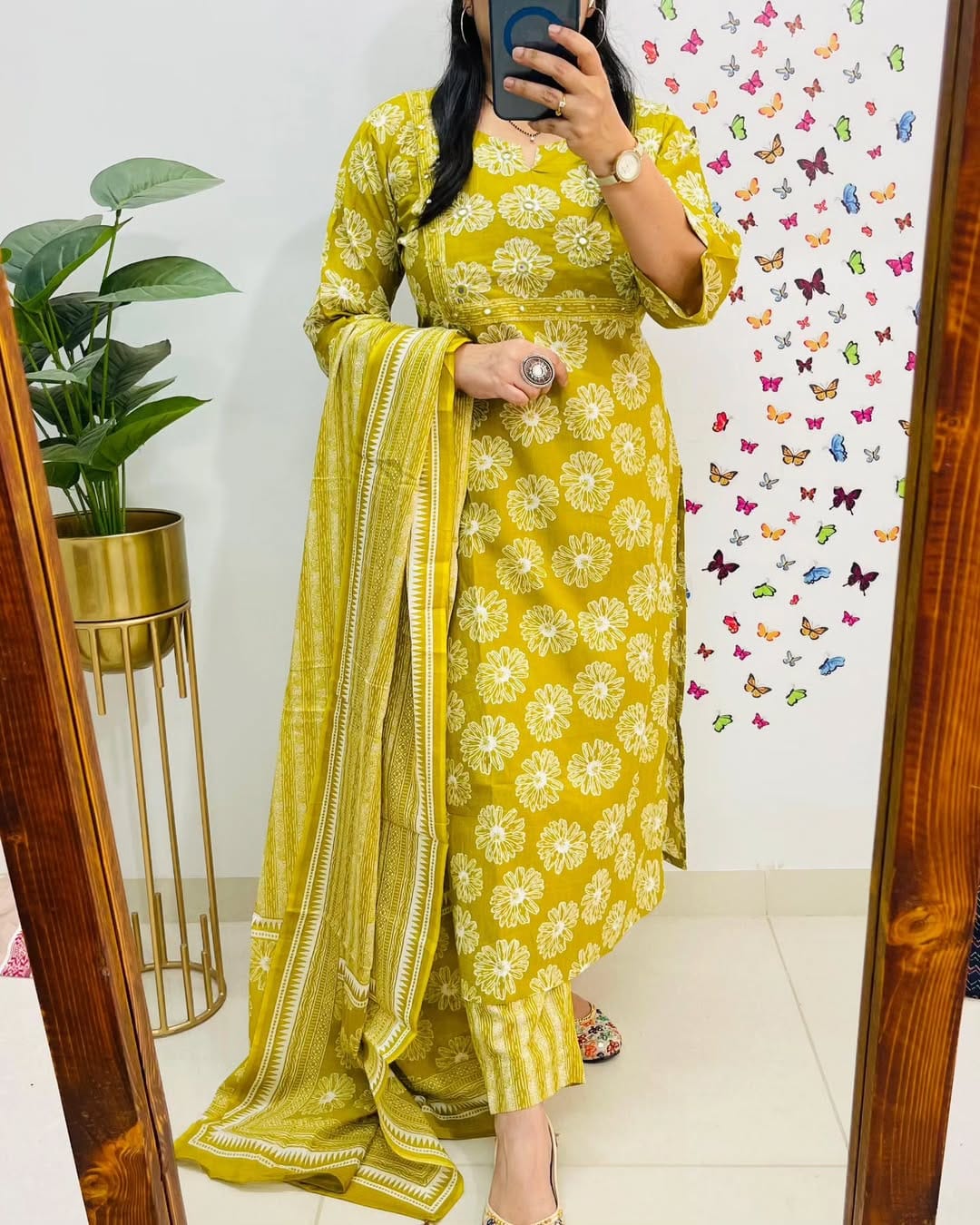 Yellow Floral Printed Cotton Kurta Set with Dupatta