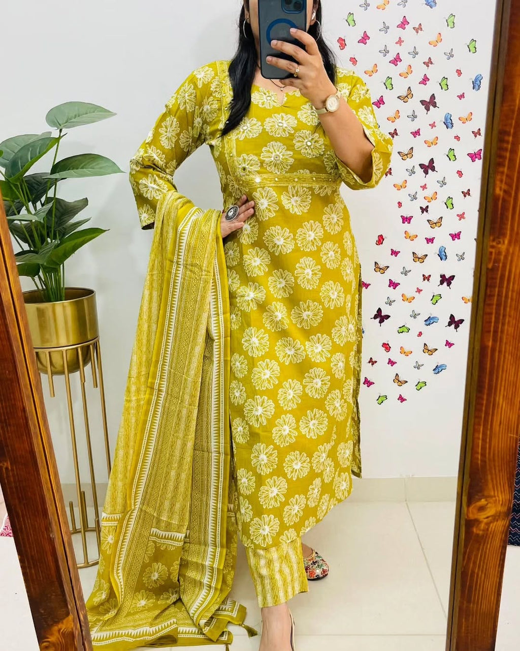 Yellow Floral Printed Cotton Kurta Set with Dupatta
