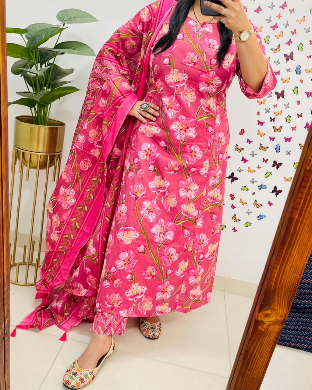 Pink Floral Printed Pure Cotton Kurta Set with Dupatta