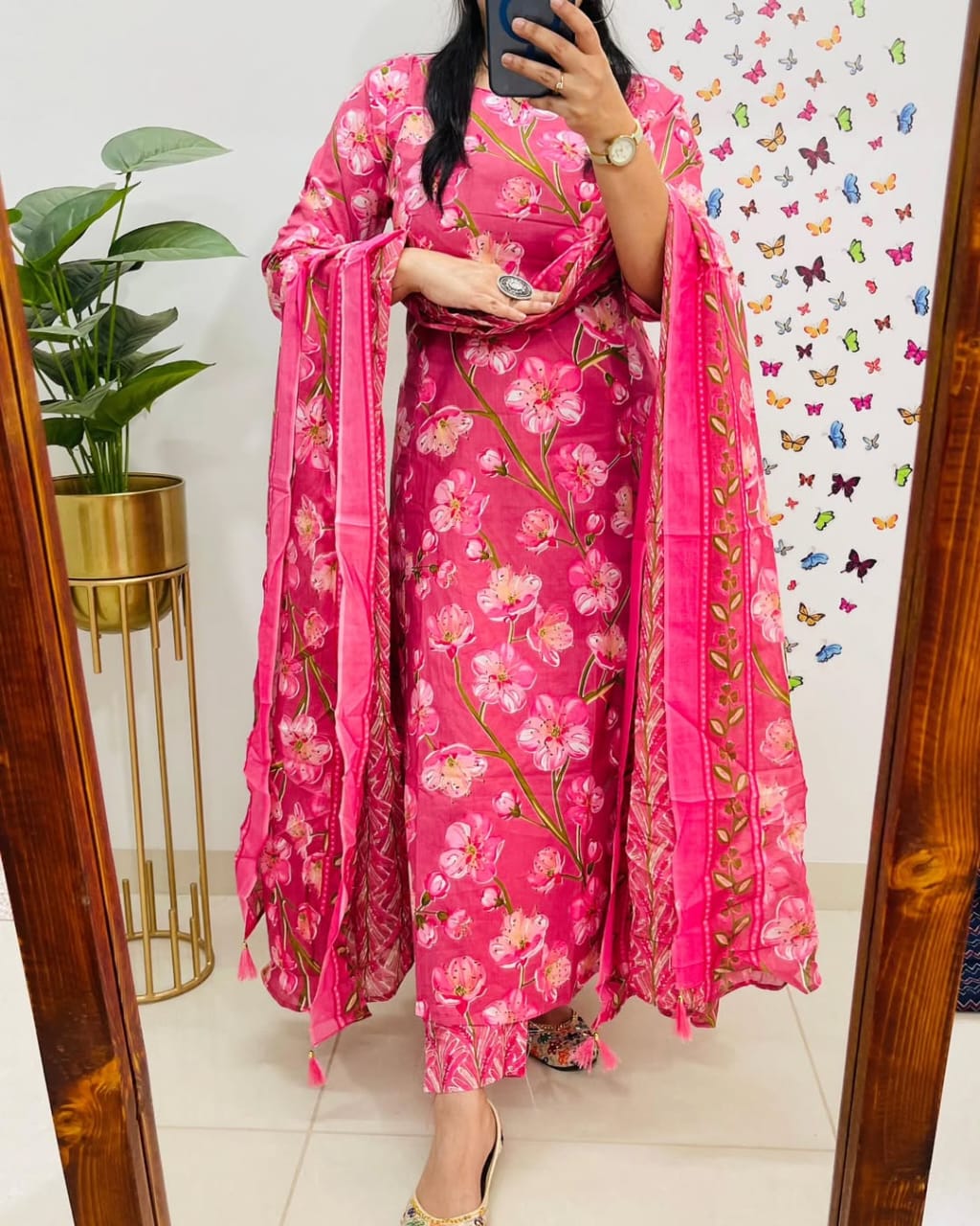 Pink Floral Printed Pure Cotton Kurta Set with Dupatta