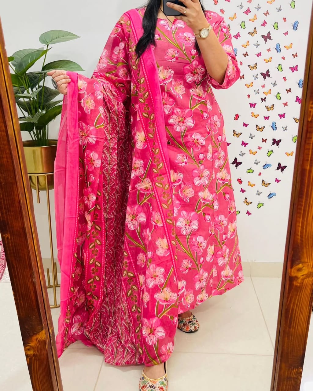 Pink Floral Printed Pure Cotton Kurta Set with Dupatta