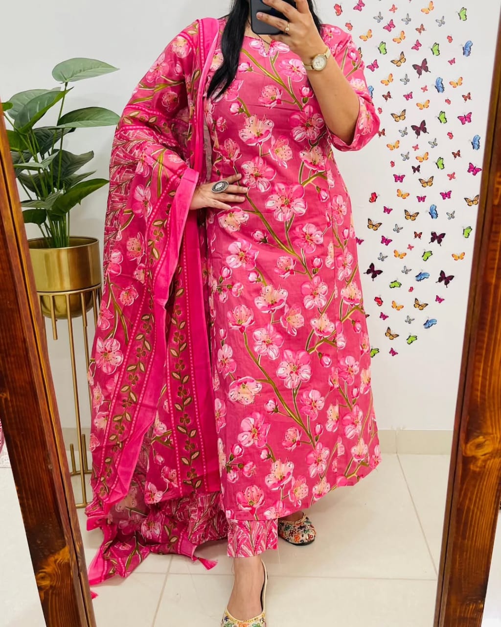 Pink Floral Printed Pure Cotton Kurta Set with Dupatta
