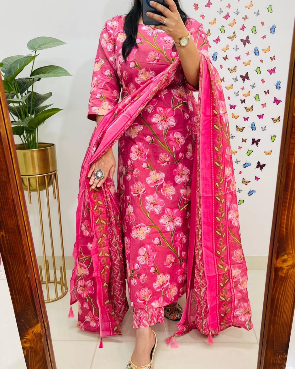 Pink Floral Printed Pure Cotton Kurta Set with Dupatta