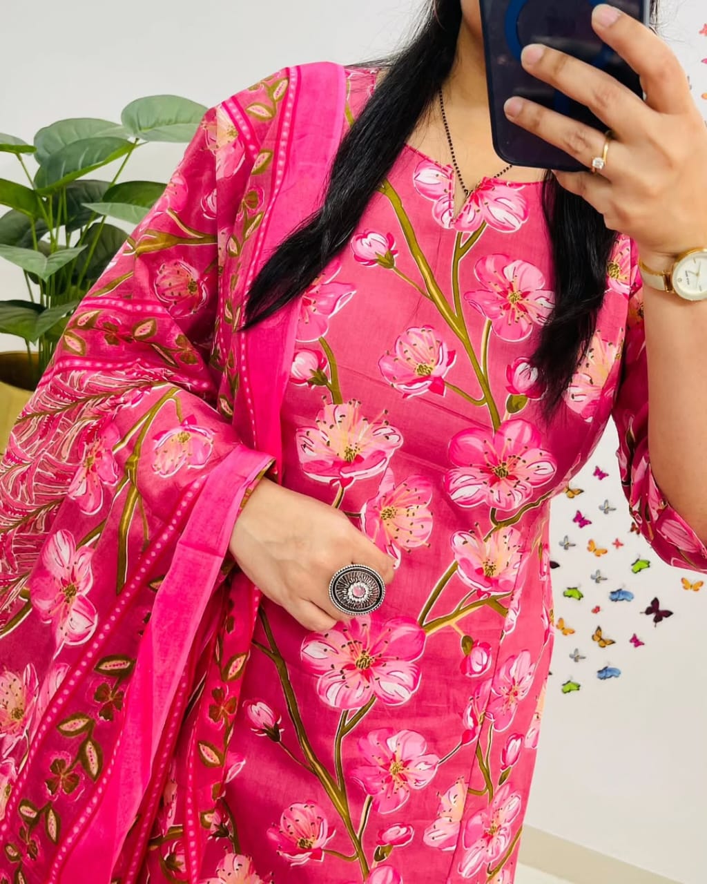 Pink Floral Printed Pure Cotton Kurta Set with Dupatta