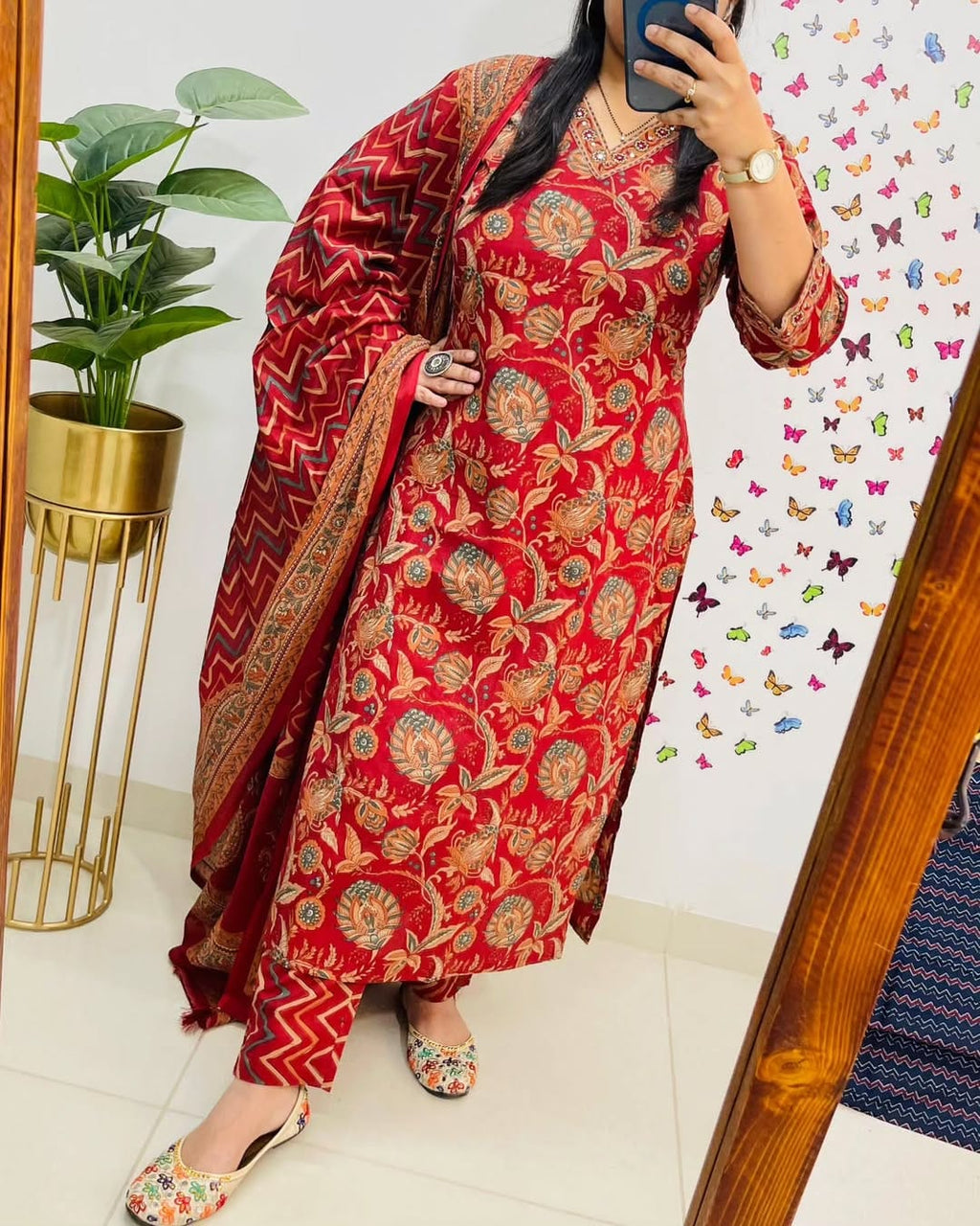 Red Ethnic Printed Kurta Set with Dupatta for Women