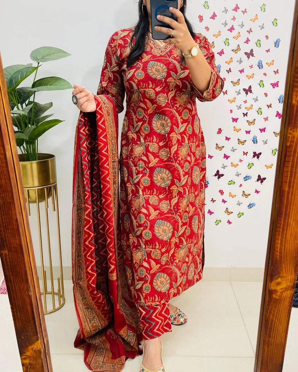 Red Ethnic Printed Kurta Set with Dupatta for Women