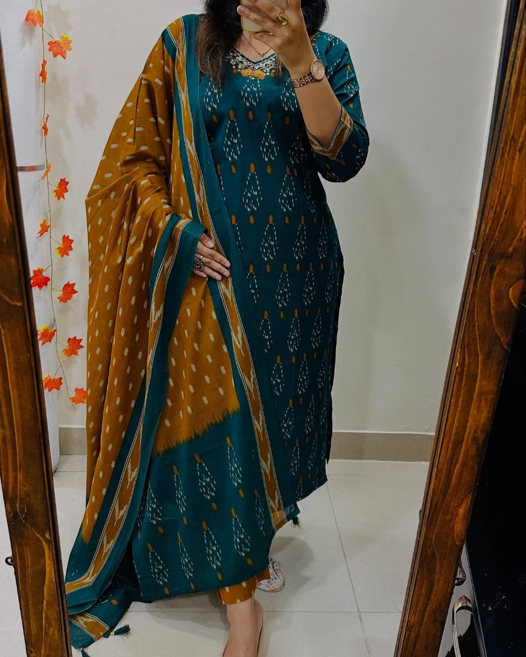 Teal & Mustard Printed Kurta Set with Dupatta for Women