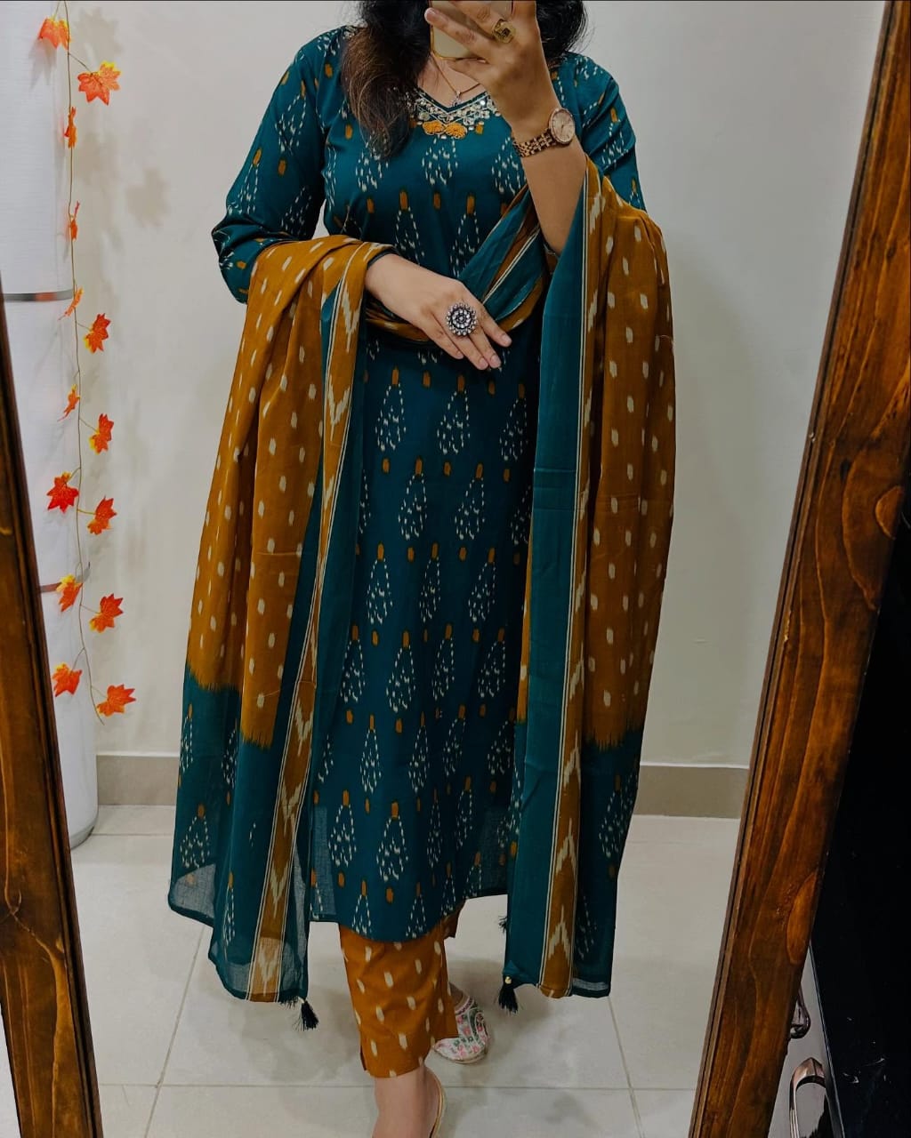 Teal & Mustard Printed Kurta Set with Dupatta for Women