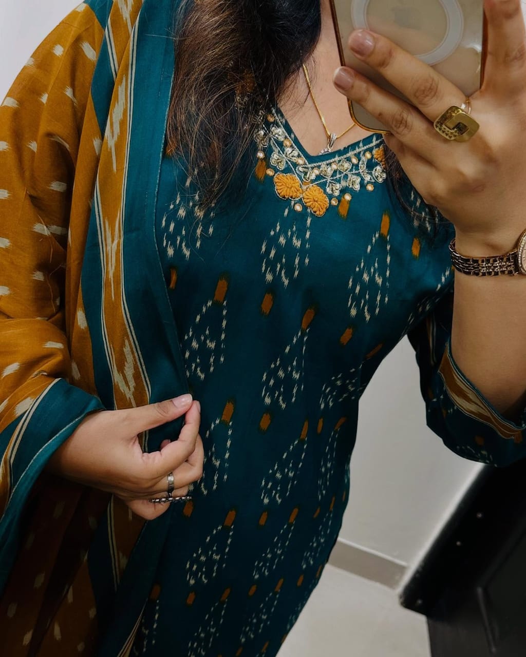 Teal & Mustard Printed Kurta Set with Dupatta for Women